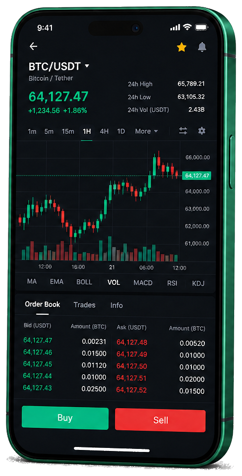Interface mobile de trading Swaptairend — cotations BTC/USDT en temps réel, carnet d’ordres et outils de suivi des opérations
